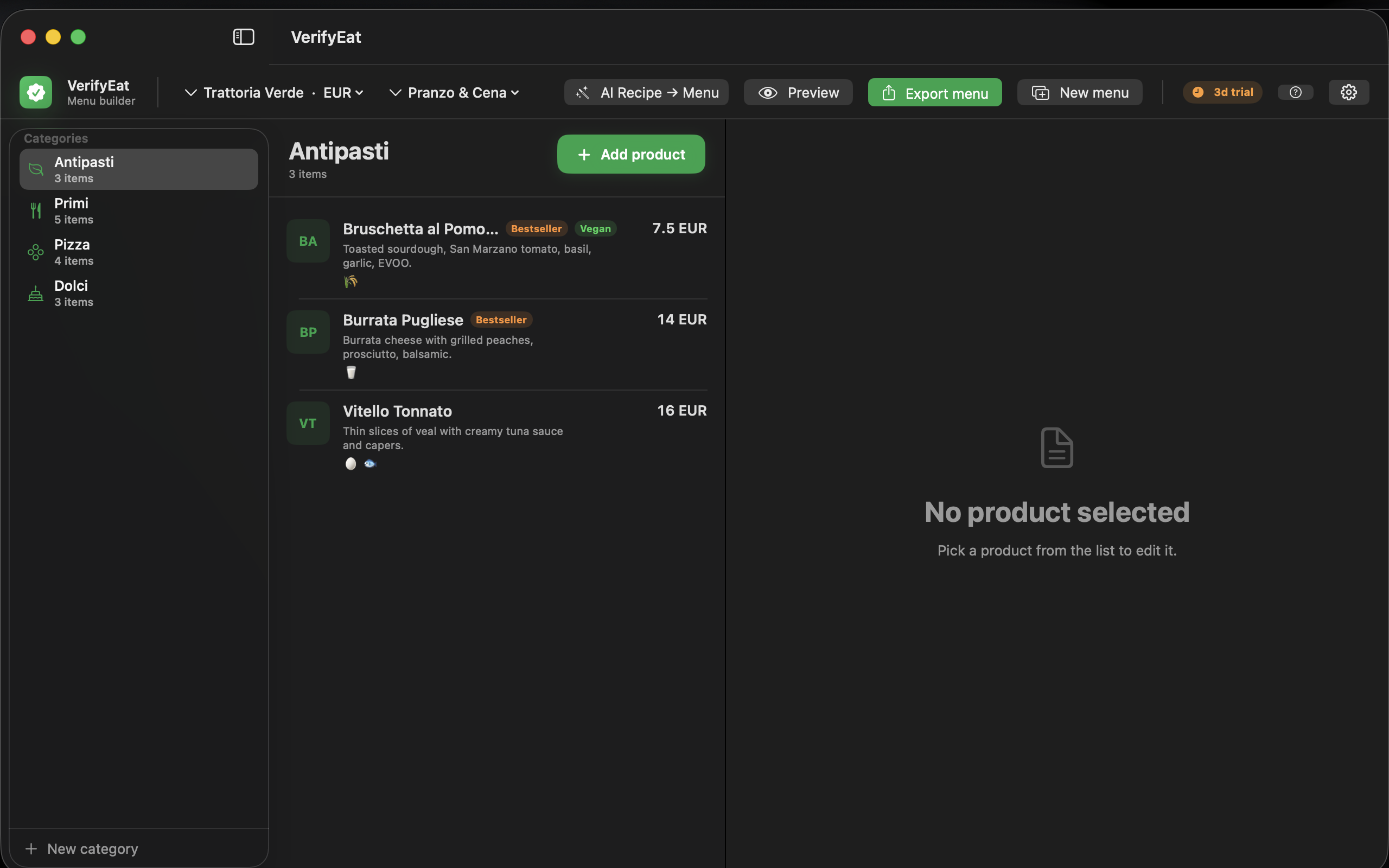 VerifyEat for Mac showing the Trattoria Verde menu